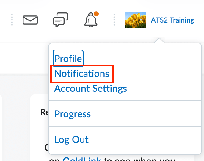 The D2L minibar with personal profile options expanded and the Notifications link circled. 