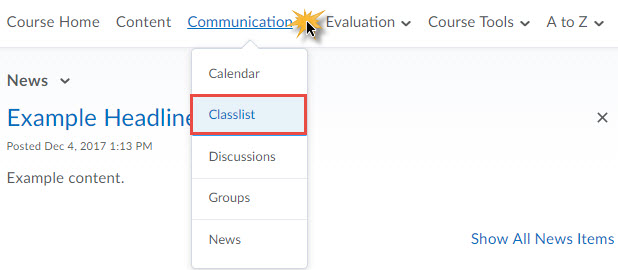 image of the classlist selection under communication on the course navbar