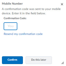 Image of the Mobile Number confirmation code pop-up window.