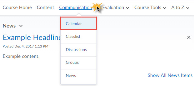 image of the calendar link under communication on the course navbar