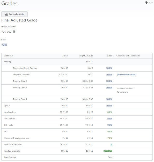 The Grade book - student view