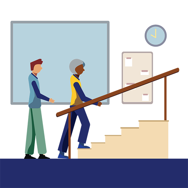 Illustration of an occupational therapist showing someone how to walk up stairs