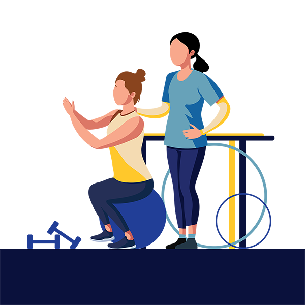 Illustration of a physical therapist showing a patien how to do exercises on a yoga ball
