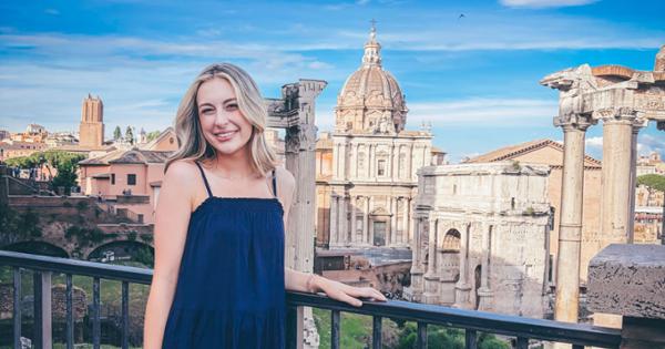 Emma Hurley in Rome posed in front of various buildings