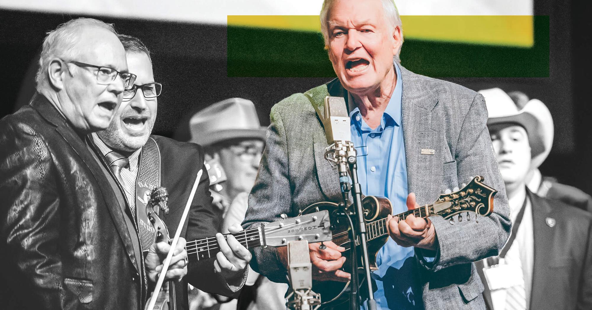 Jack Tottle sings and plays an instrument in color while three other men are in a black-and-white background