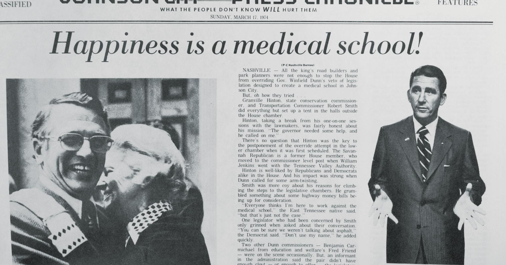 Old newspaper article titled “Happiness is a med school.”