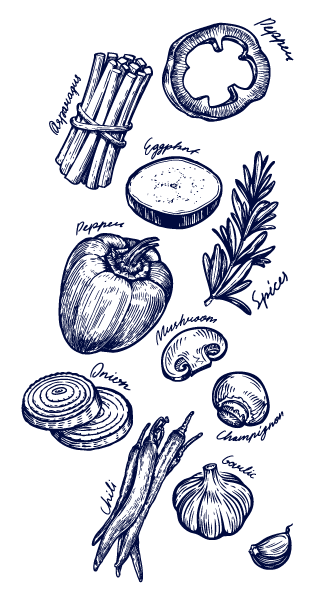Drawn illustrations of various vegetables.