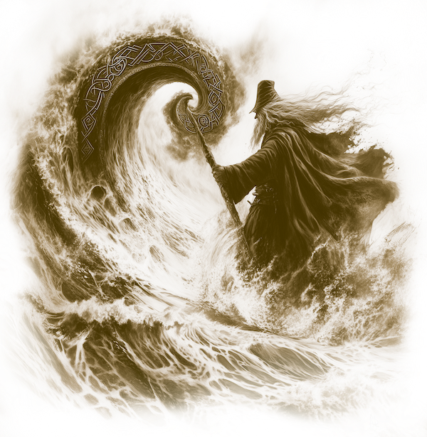 An illustration of wavy waters, with Celtic symbols in the waves and a bearded man pushing them back.