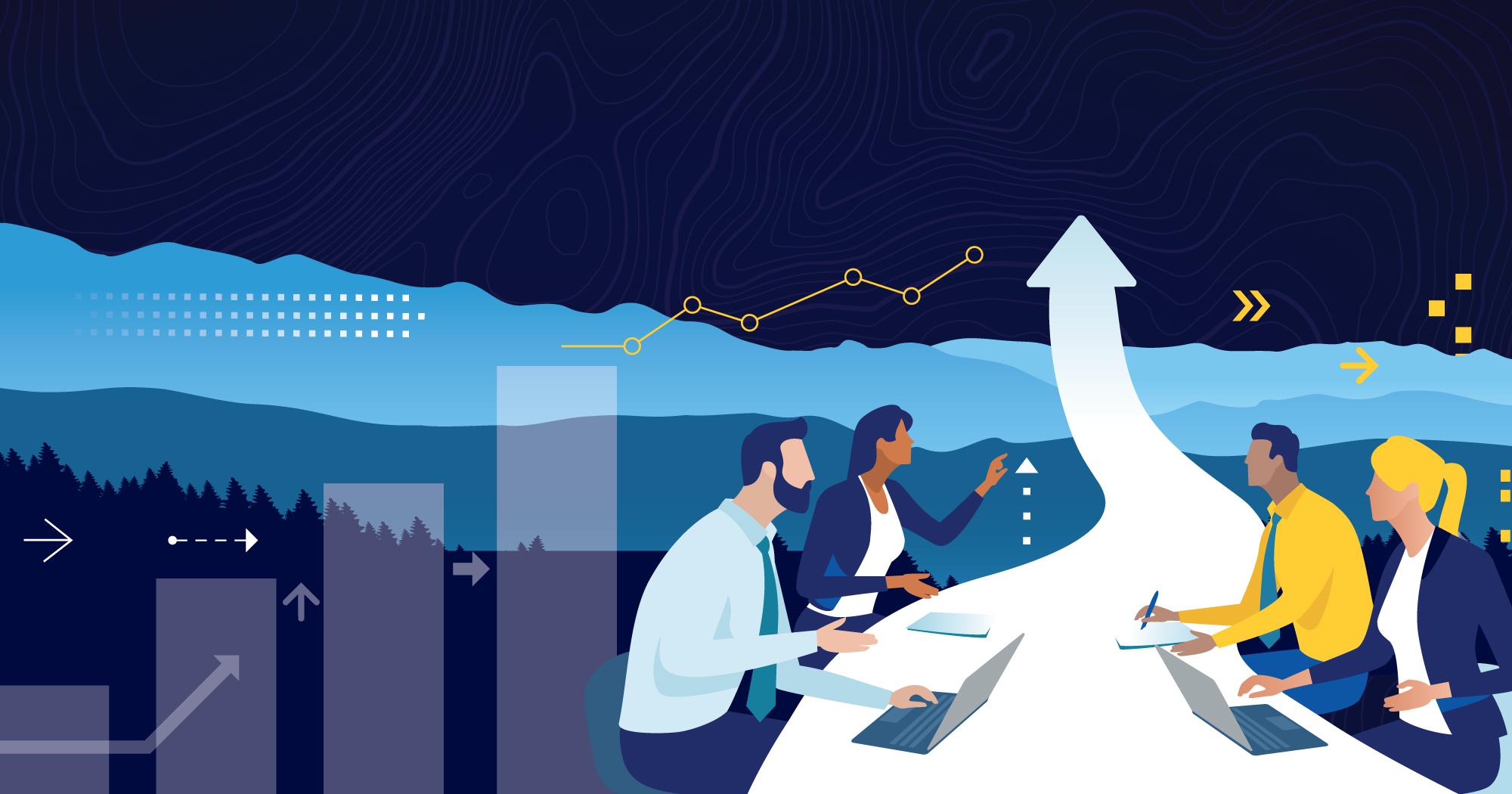 A stylized illustration of four business professionals seated at a table with laptops, set against layered mountain silhouettes and upward-trending graphs, symbolizing growth and collaboration.