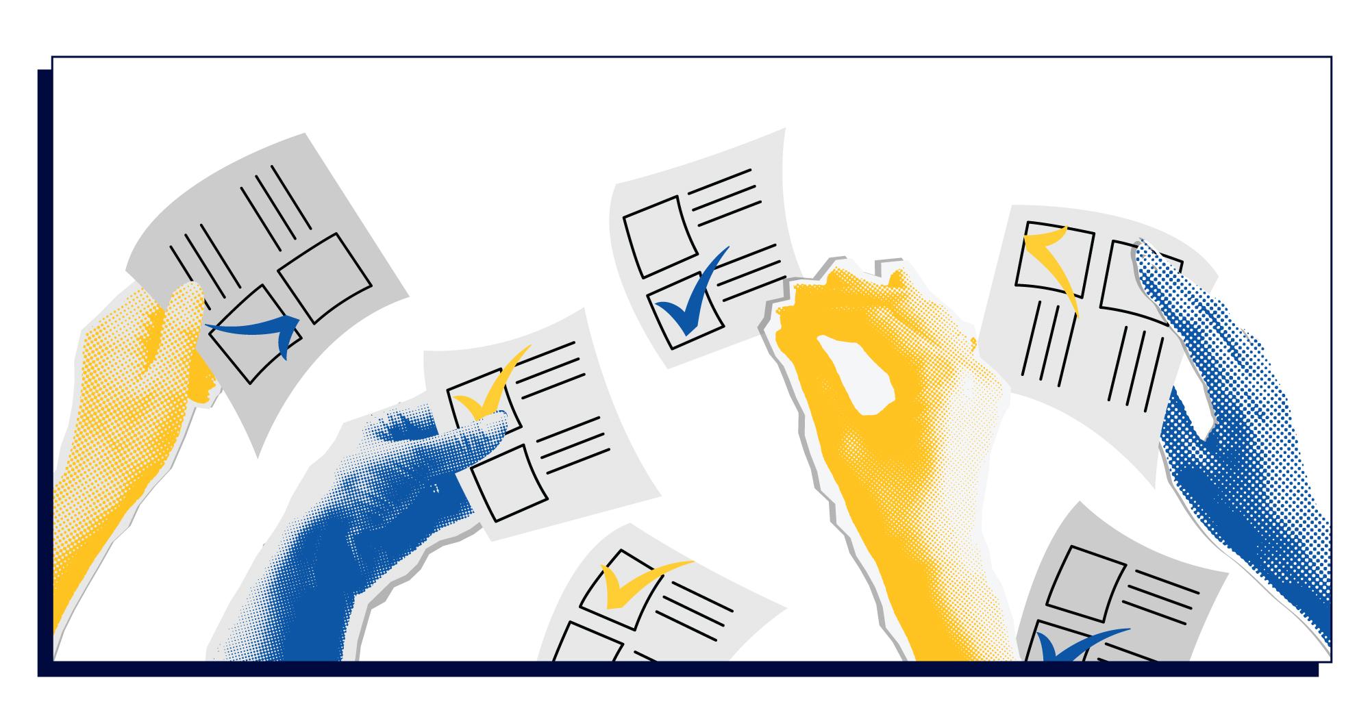 Graphic illustration of hands holding voting ballots
