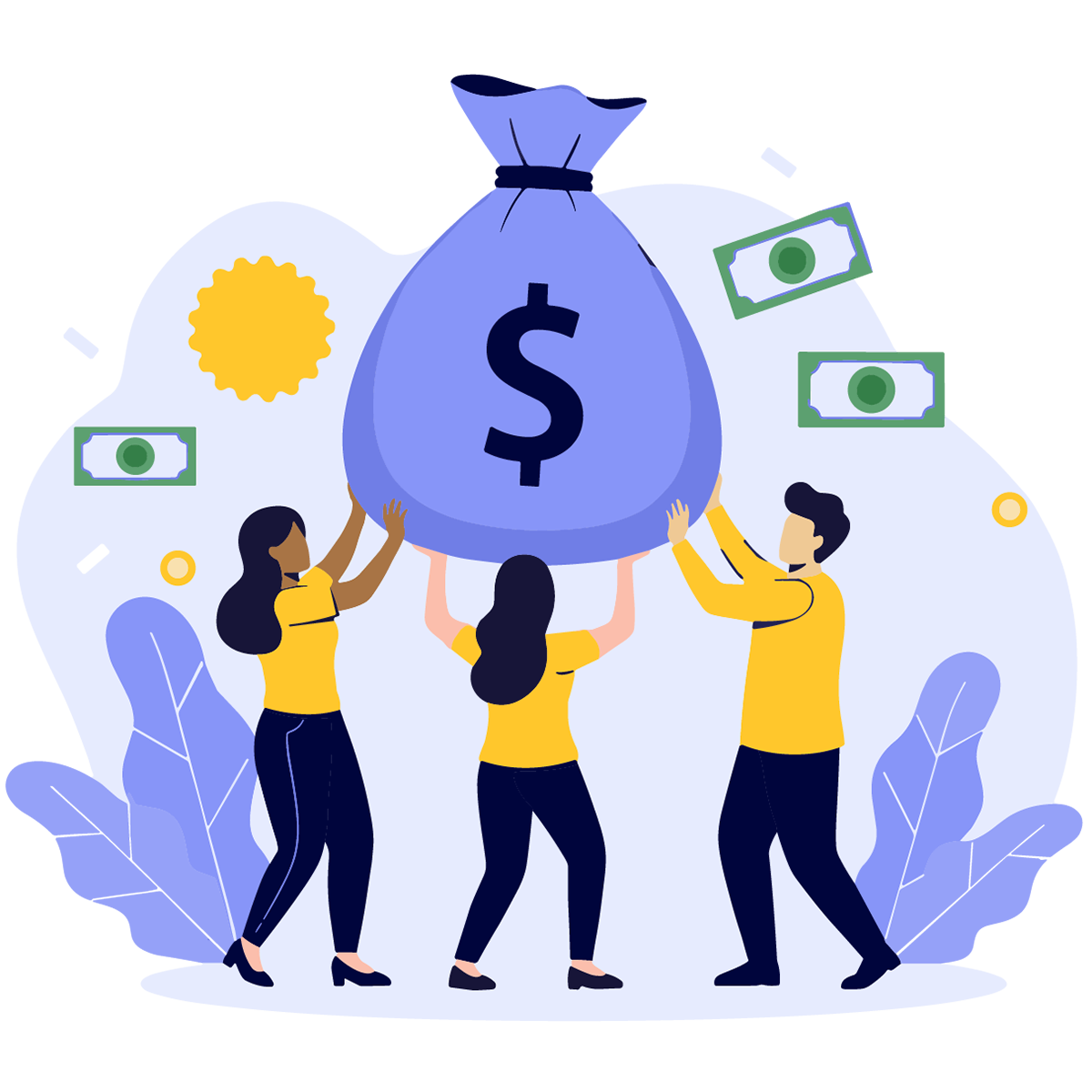 Illustration of 3 individuals holding up a bag with a dollar sign on it to represent money raised