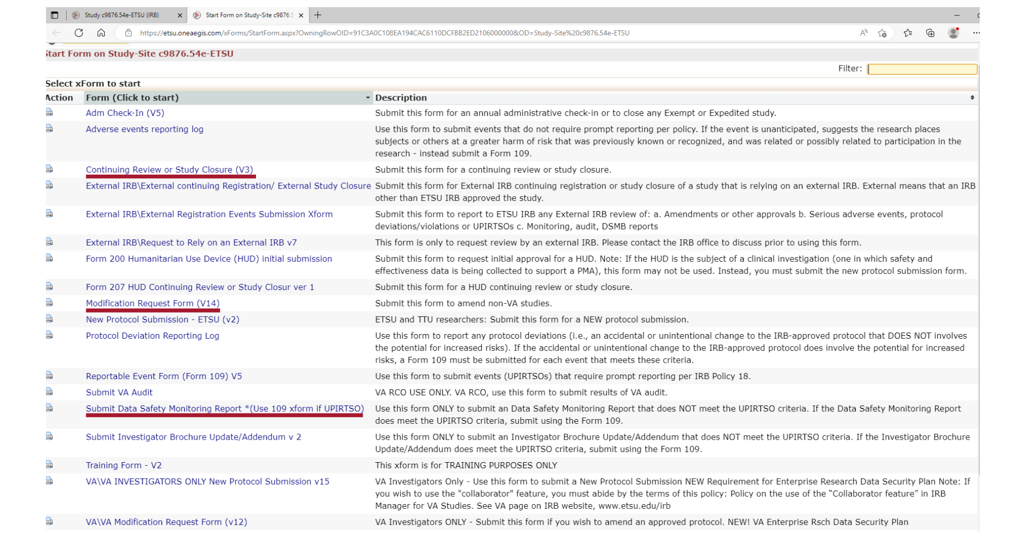 Screenshot underlining the correct Continuing Review/Study Closure form, form 109, and modification request form on OneAegis.