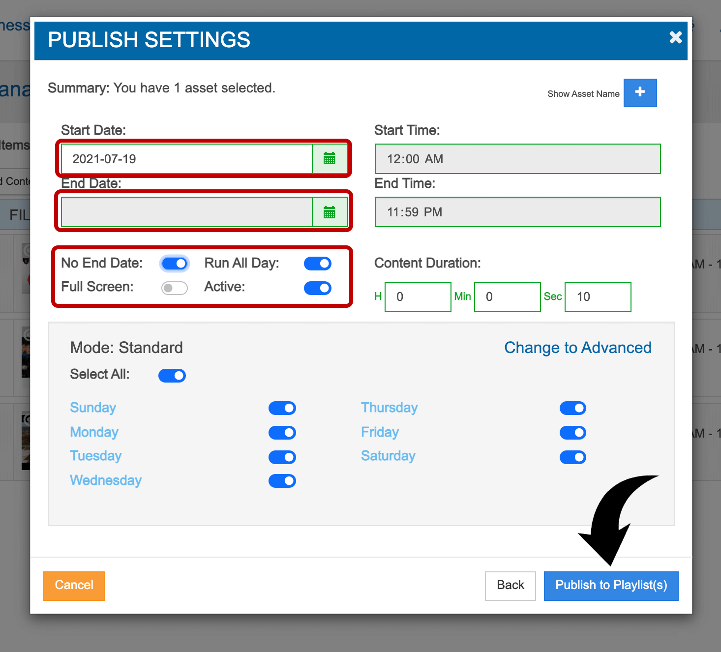 Screenshot of playlist asset settings