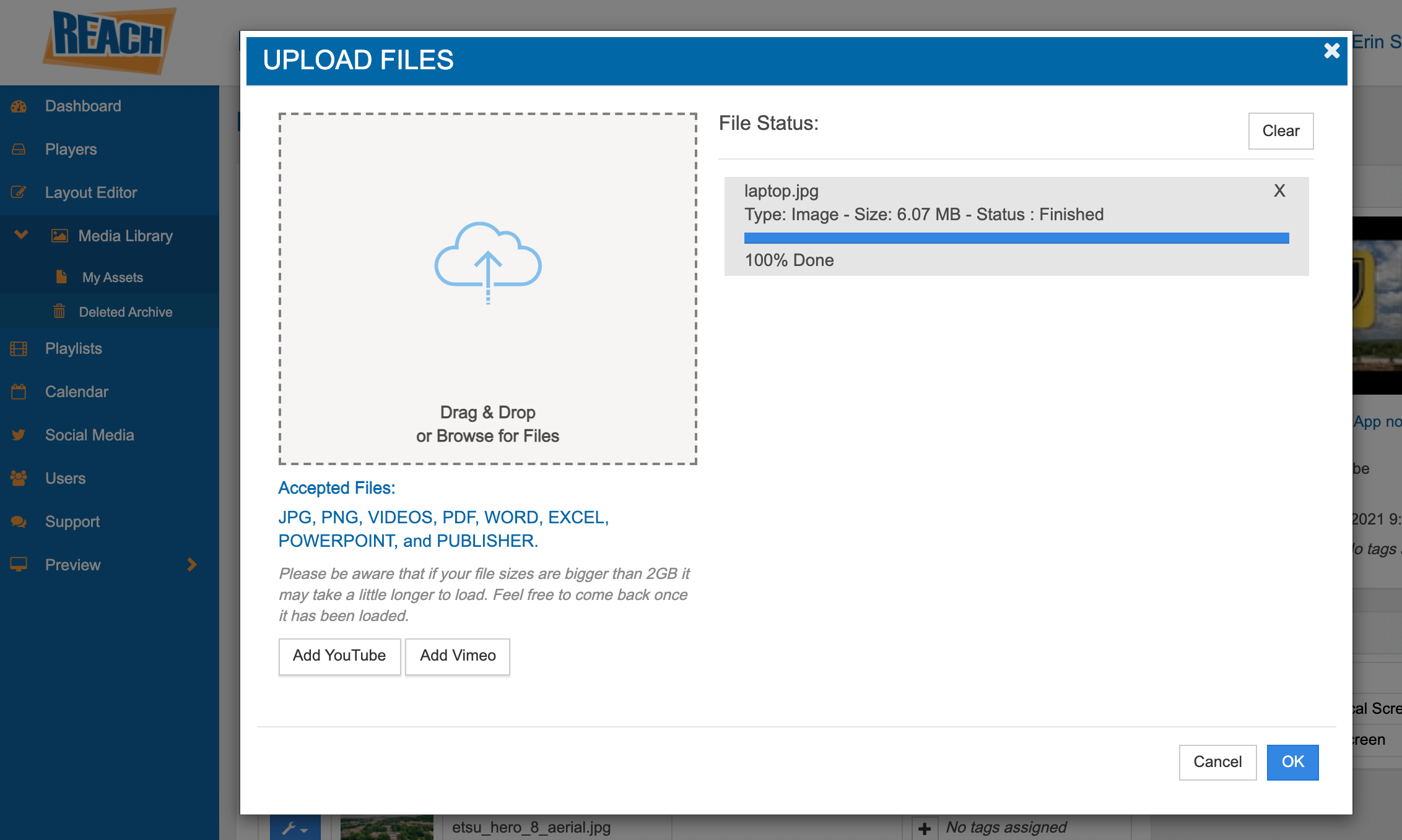 Screenshot of upload file box