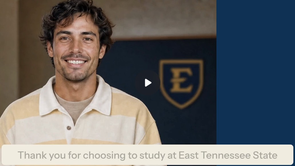 Thumbnail of a CyberSafe video. An AI generated young man with brown hair stands in front of an ETSU E Shield logo, wearing a yellow and what striped polo shirt.