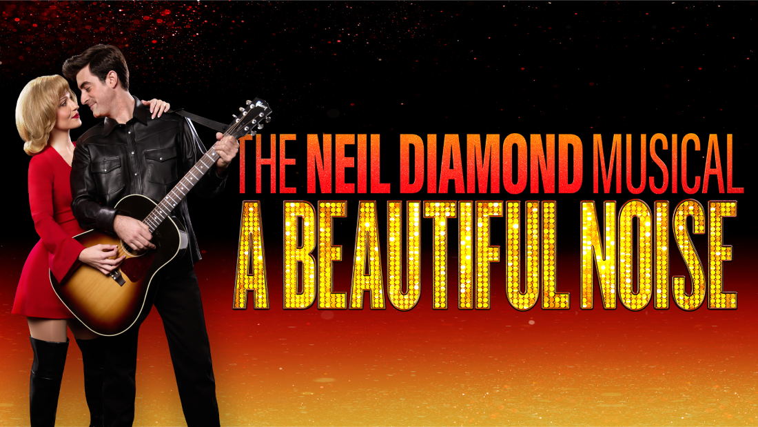 "A Beautiful Noise: The Neil Diamond Musical" promotional artwork showing a man playing an acoustic guitar alongside a woman in a red dress looking up at him.