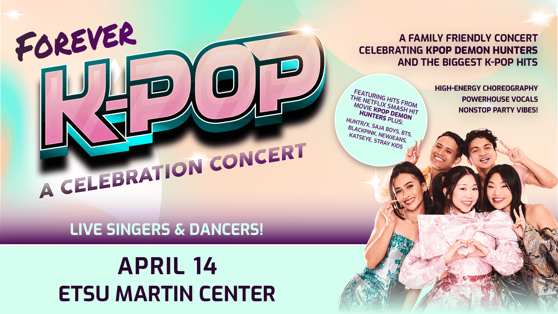 A vibrant, soft pastel gradient background in teal, peach, cream, and purple with large, bold 3D text in pink and black "Forever K-Pop: A Celebration Concert." To the left is a group of five performers smiling and posing together
