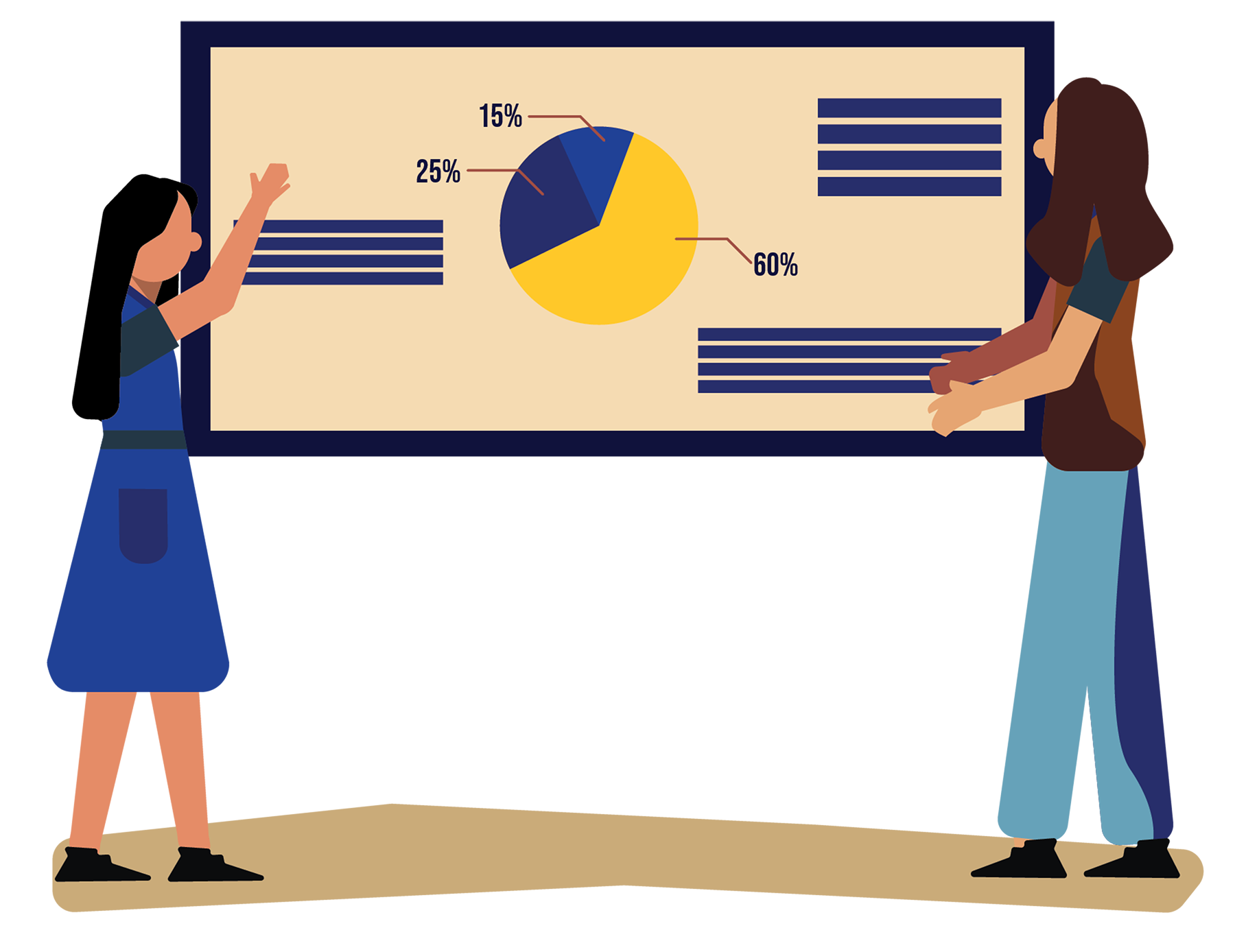 Illustration of two students presenting to a class. The presentation they're pointing to depicts multiple charts and graphs to convey data.