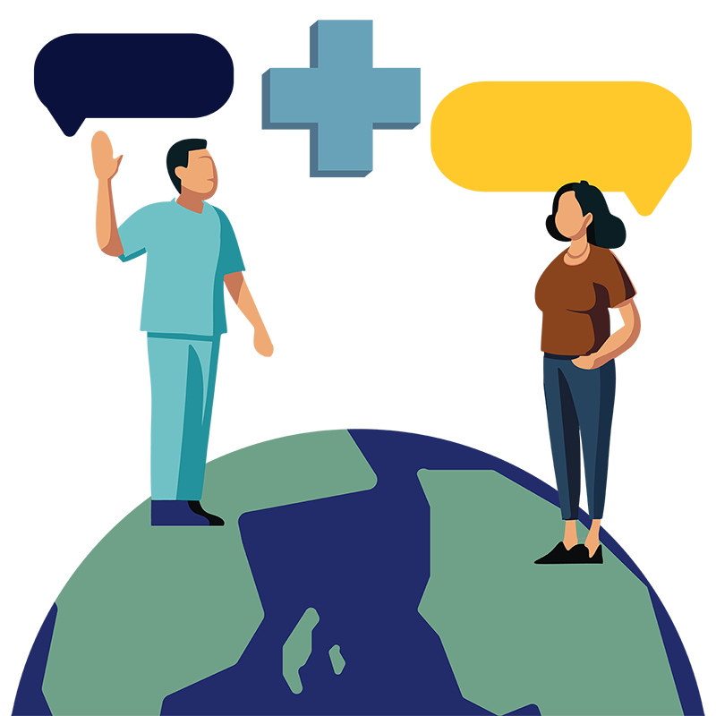 Illustration of two people standing on a globe with speech bubbles to signify speaking different languages