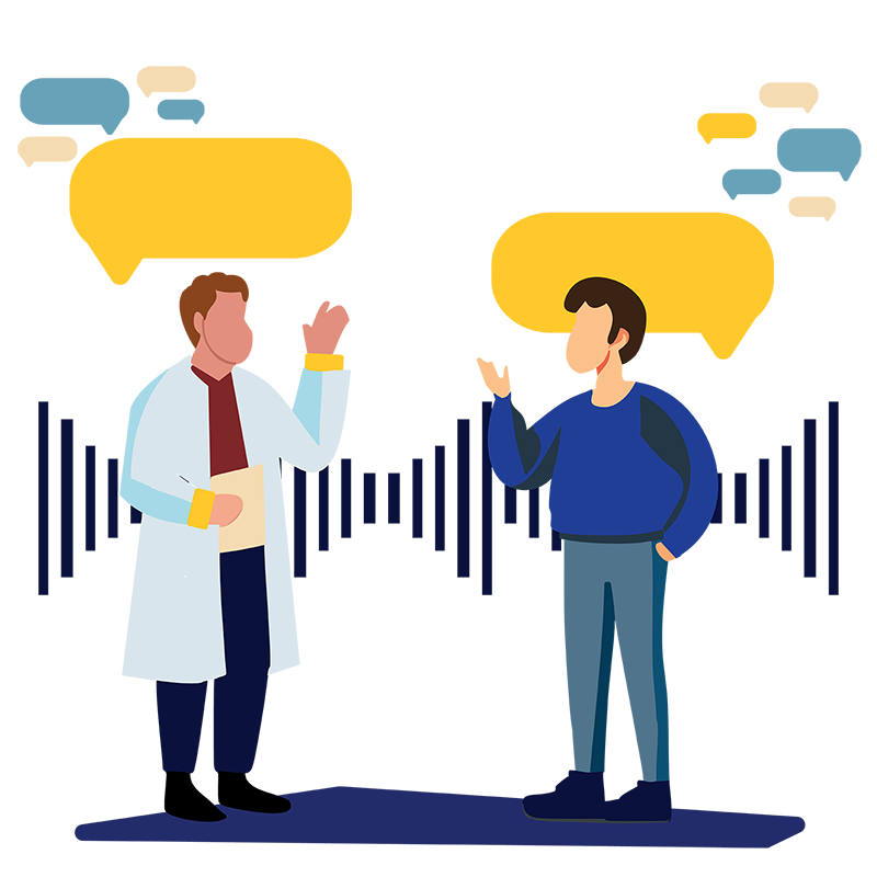 Illustration of doctor and patient with speech bubbles and airwaves surrounding them to signify speech-language pathology