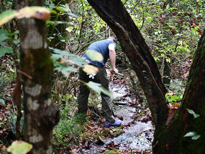 Worker examining creek at Warrior's Path