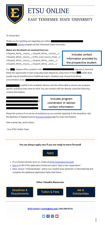 Screenshot of an email template. Includes personalized name, major, start date, and email. It also introduces general information about a program, and lists contact information for program coordinators or advisors. At the bottom, there are buttons that are clickable. They link to application, financial aid resources, deadlines and requirements, and  scholarships. This example blurs our program specific references.