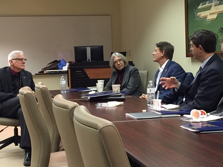 Dr. Randy Wykoff, Dean of ETSU College of Public Health, talks with TN Commissioner of Public Health, Dr. John Dreyzehner, and TN Commissioner for Economic and Community Development, Randy Boyd