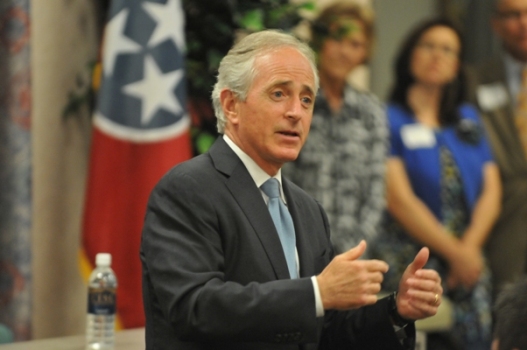 Close-up photo of U.S. Senator Bob Corker gesturing as he speaks to audience.