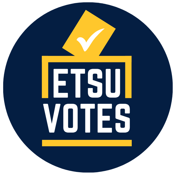 ETSU Votes logo. blue circle with a yellow square in the middle with 'ETSU VOTES' in white text. Yellow rectangle on top of the yellow square with a white check mark in it.
