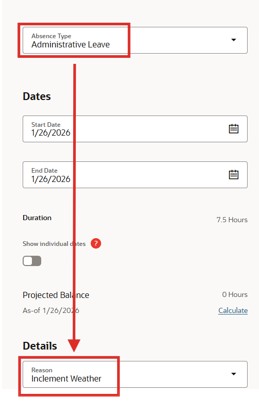 Screenshot demonstrating how to select "Absence Type" and then, further down the screen, how to select "Inclement Weather" in the "Details" section.