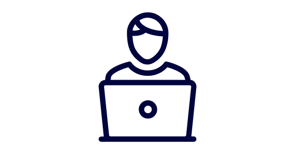 Decorative icon, person on laptop. 